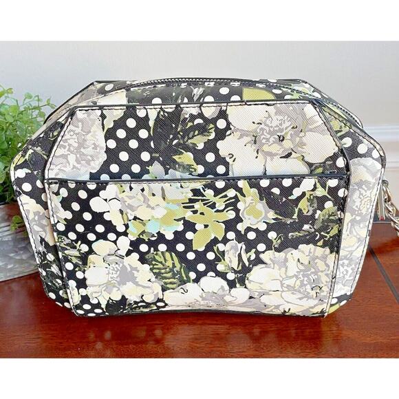 Betsy Johnson Crossbody Purse, Polka Dots Floral Yellow Black Gray - Picture 3 of 7